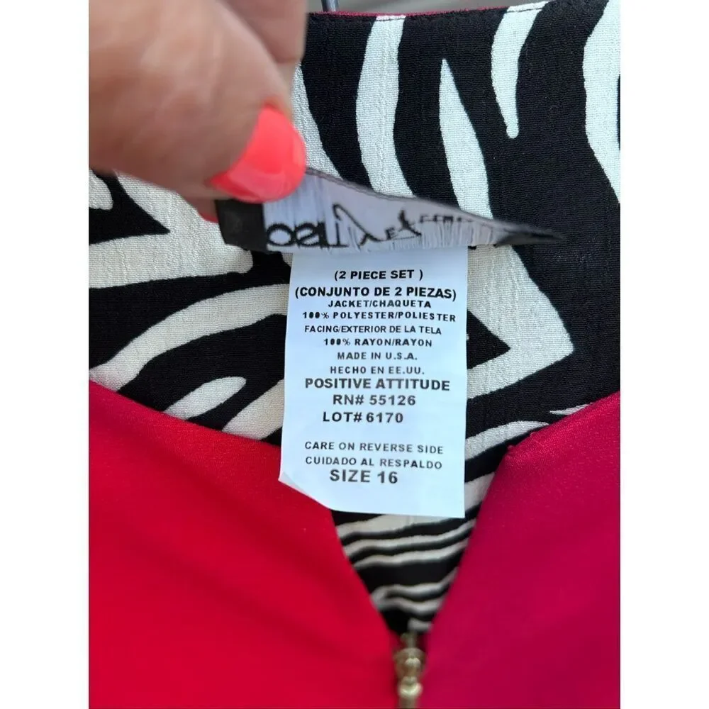 Vtg Positive Attitude Size 16 Red Black Zebra Print 2 Piece Pant Suit